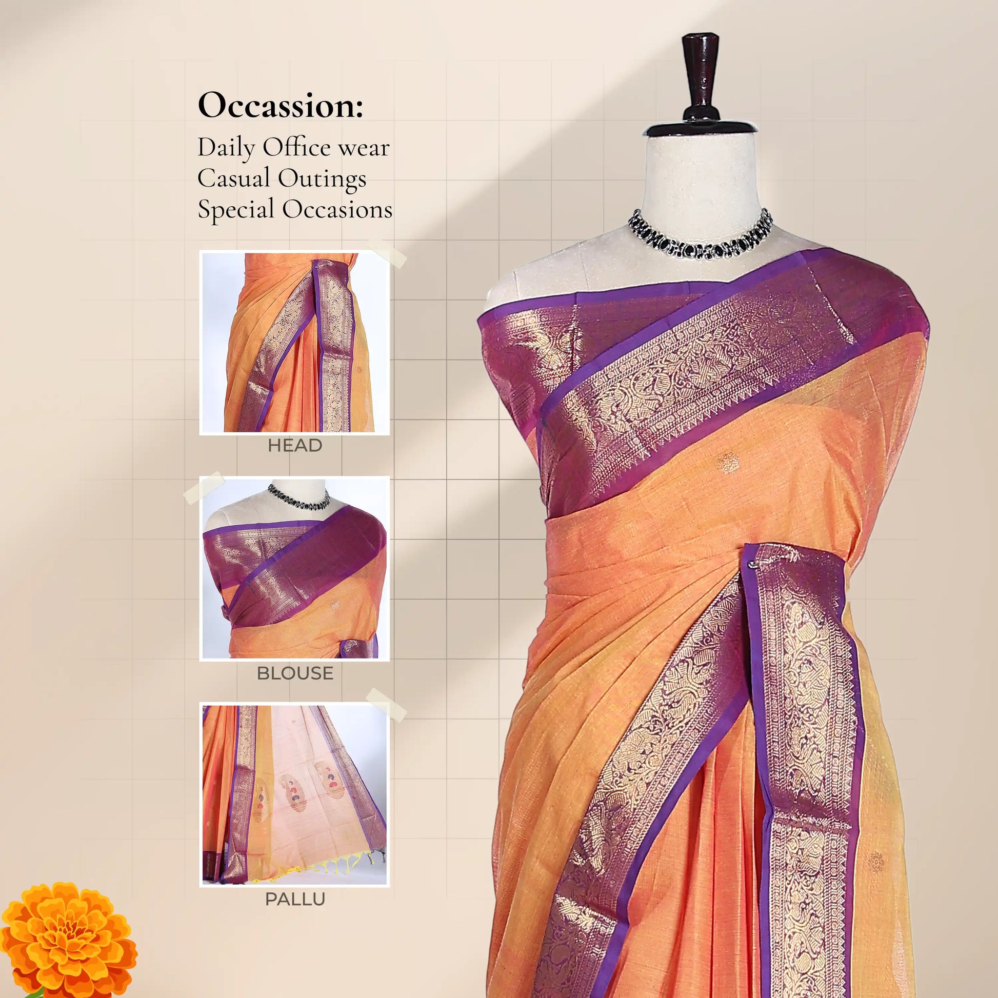 Chettinad cotton saree with broad floral zari border orangeplain body with subtle buttas front draped view on mannequin.