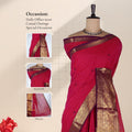 Chettinad cotton saree with dark pink body contrast purple gold zari border and butta motifs front mannequin view