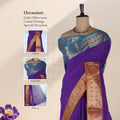 Chettinad cotton saree with broad circular zari woven border in purple and blue front draped mannequin view.
