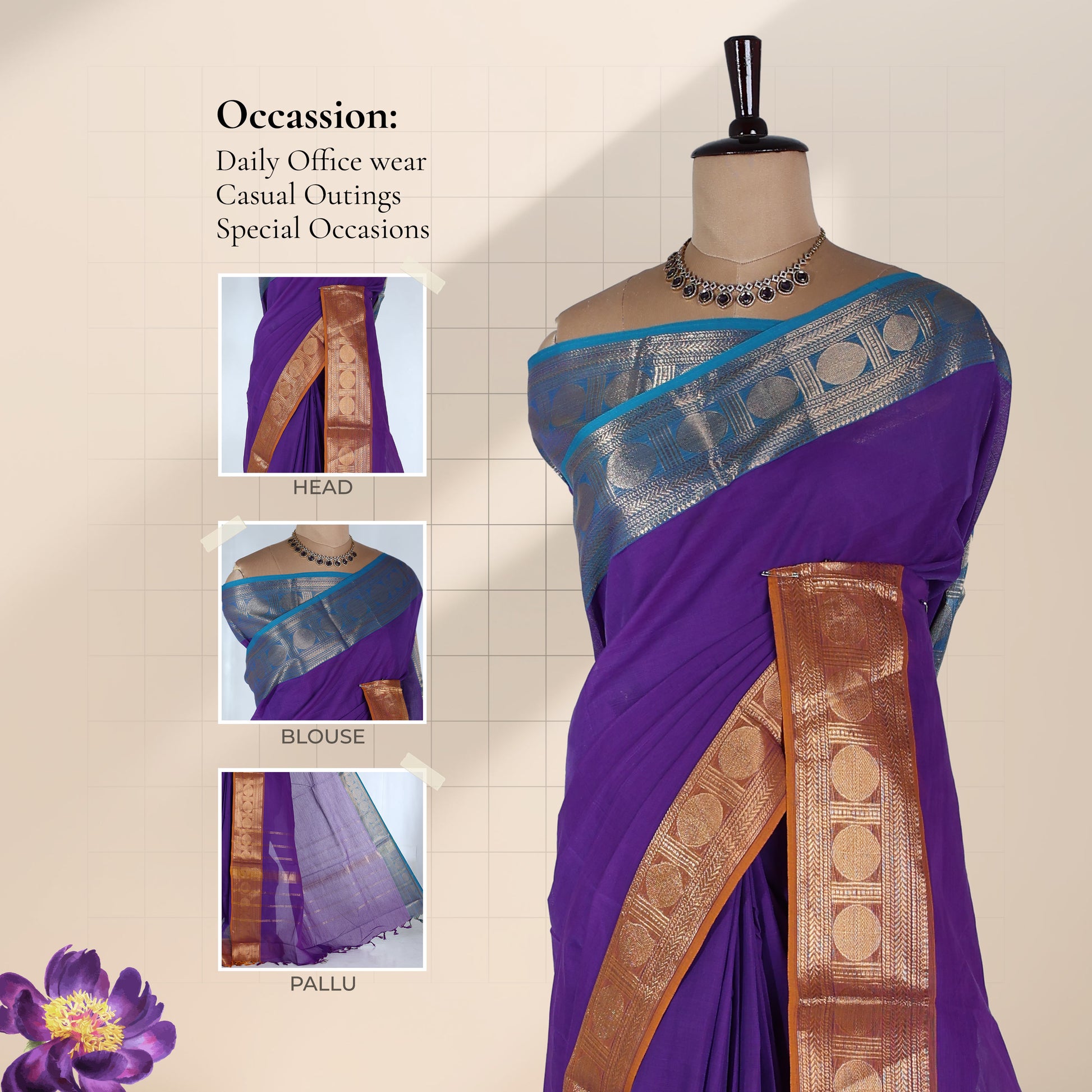 Chettinad cotton saree with broad circular zari woven border in purple and blue front draped mannequin view.