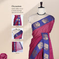 Chettinad cotton saree with checked body elephant zari border in purple and blue front draped mannequin view.