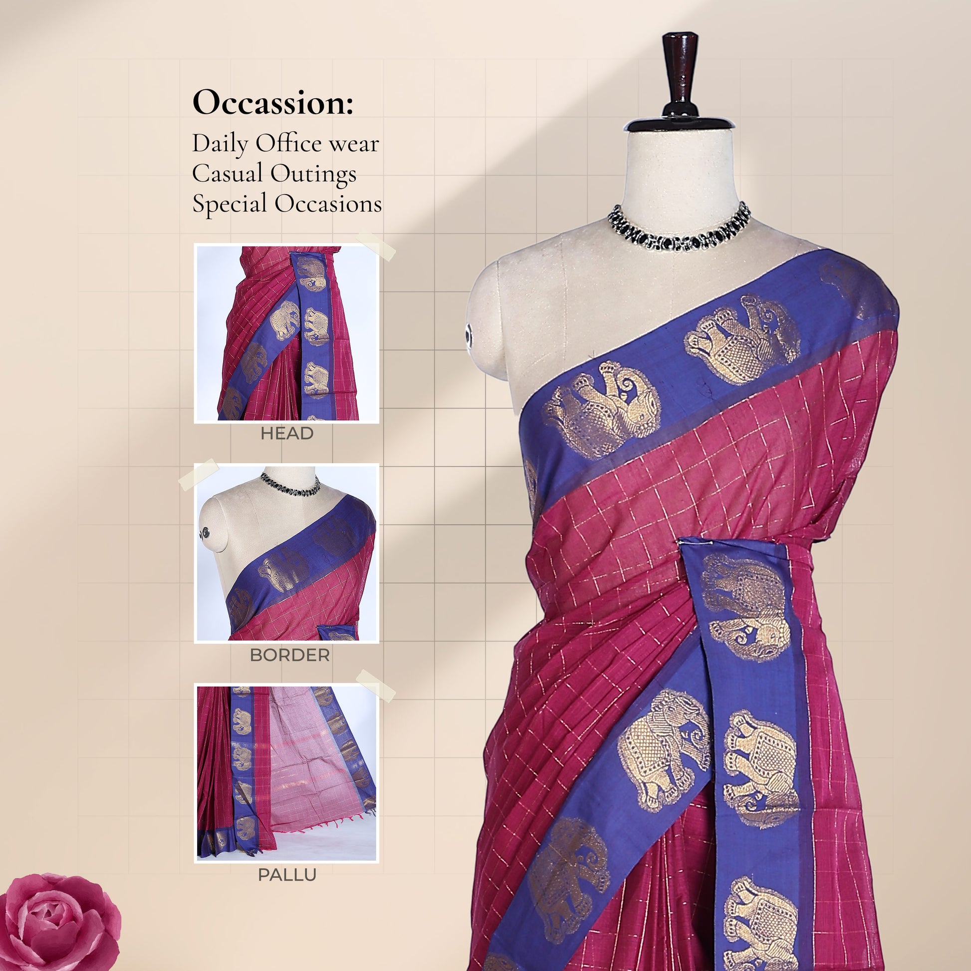 Chettinad cotton saree with checked body elephant zari border in purple and blue front draped mannequin view.