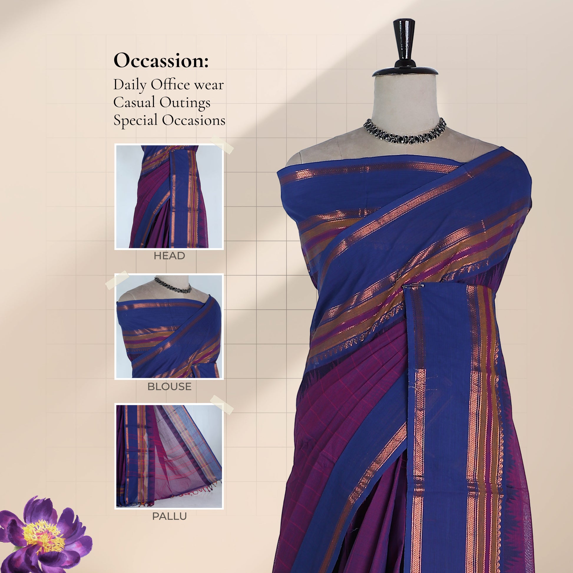 Chettinad cotton saree with purple and blue contrast border front view on mannequin with woven zari details.