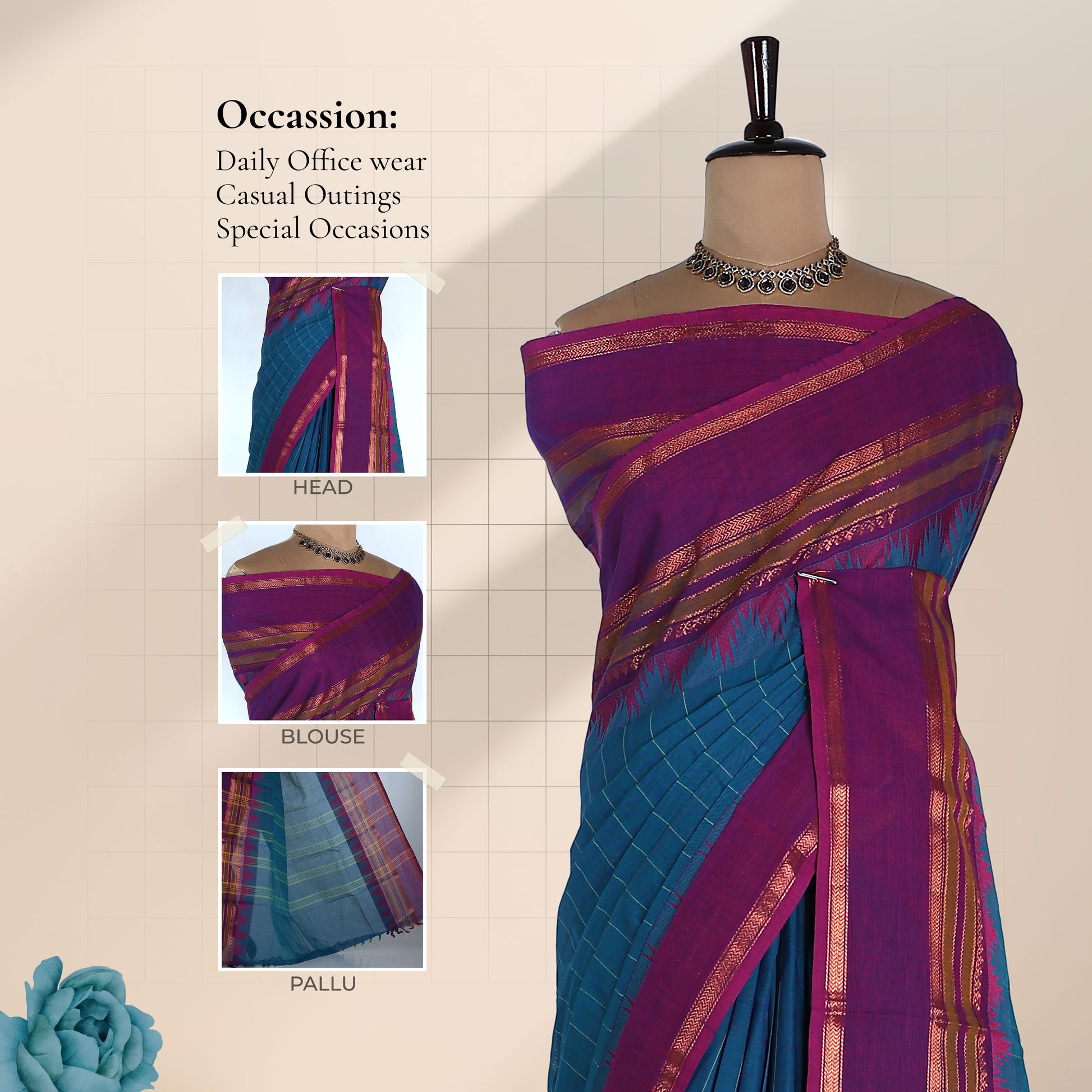 Chettinad cotton saree with purple and teal contrast border front view on mannequin with woven zari details.
