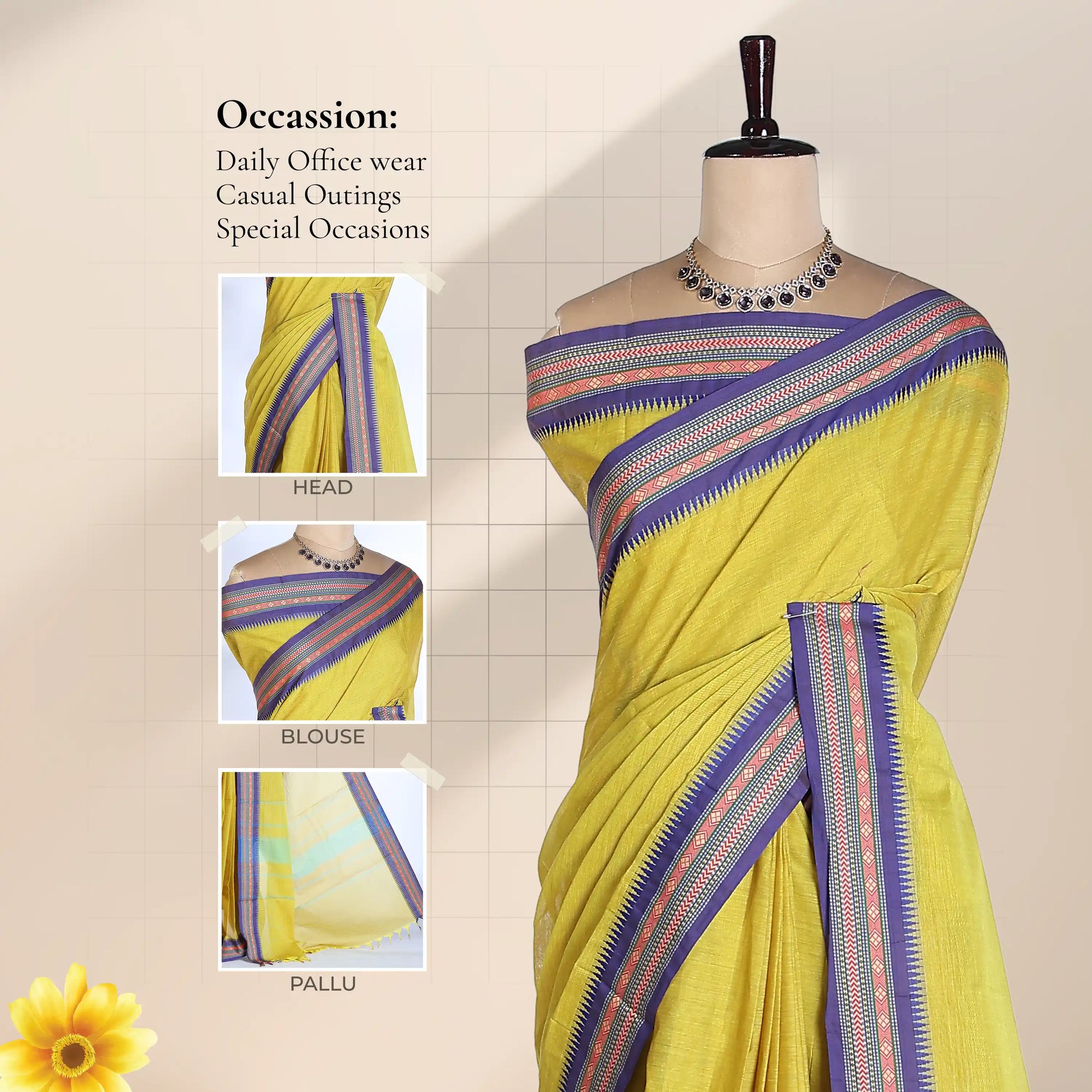 Chettinad cotton saree with multicolor temple woven border yellow plain body front draped view on mannequin.