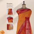 Chettinad cotton saree with orange body and contrast pink Korvai zari border front draped mannequin view.