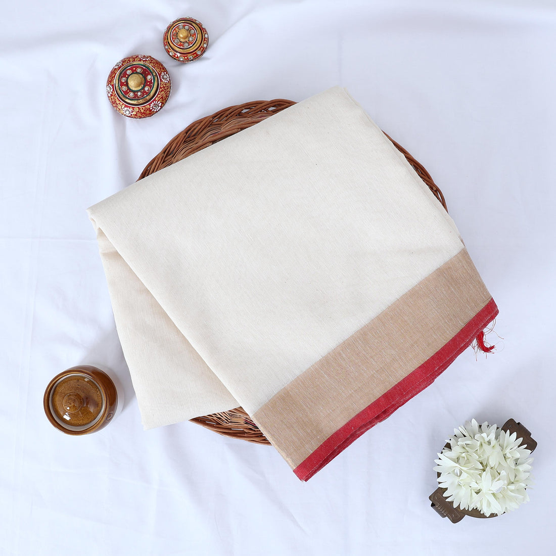 Cream Mul Mul Cotton Saree for Women | Daily Office Collection | Jeyachandran - Full View
