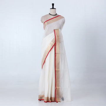Cream Mul Mul Cotton Saree for Women | Daily Office Collection | Jeyachandran - Full View
