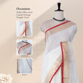 Mul Mul cotton saree with cream body gold zari border and white drape front mannequin view with styling details