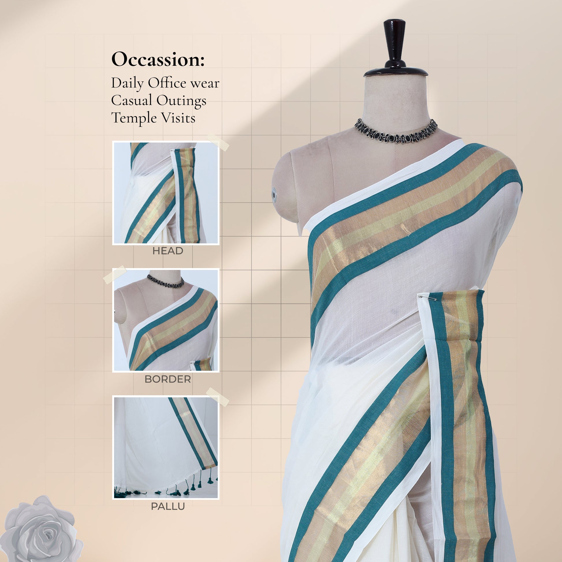 Mul Mul cotton saree with cream body teal and gold zari border front draped view on mannequin.