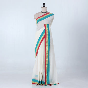 Cream Mul Mul Cotton Saree for Women | Daily Office Collection | Jeyachandran - Full View