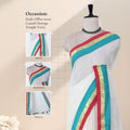 Mul mul cotton saree in cream with teal gold zari and pink contrast border front draped mannequin view with border and pallu details.