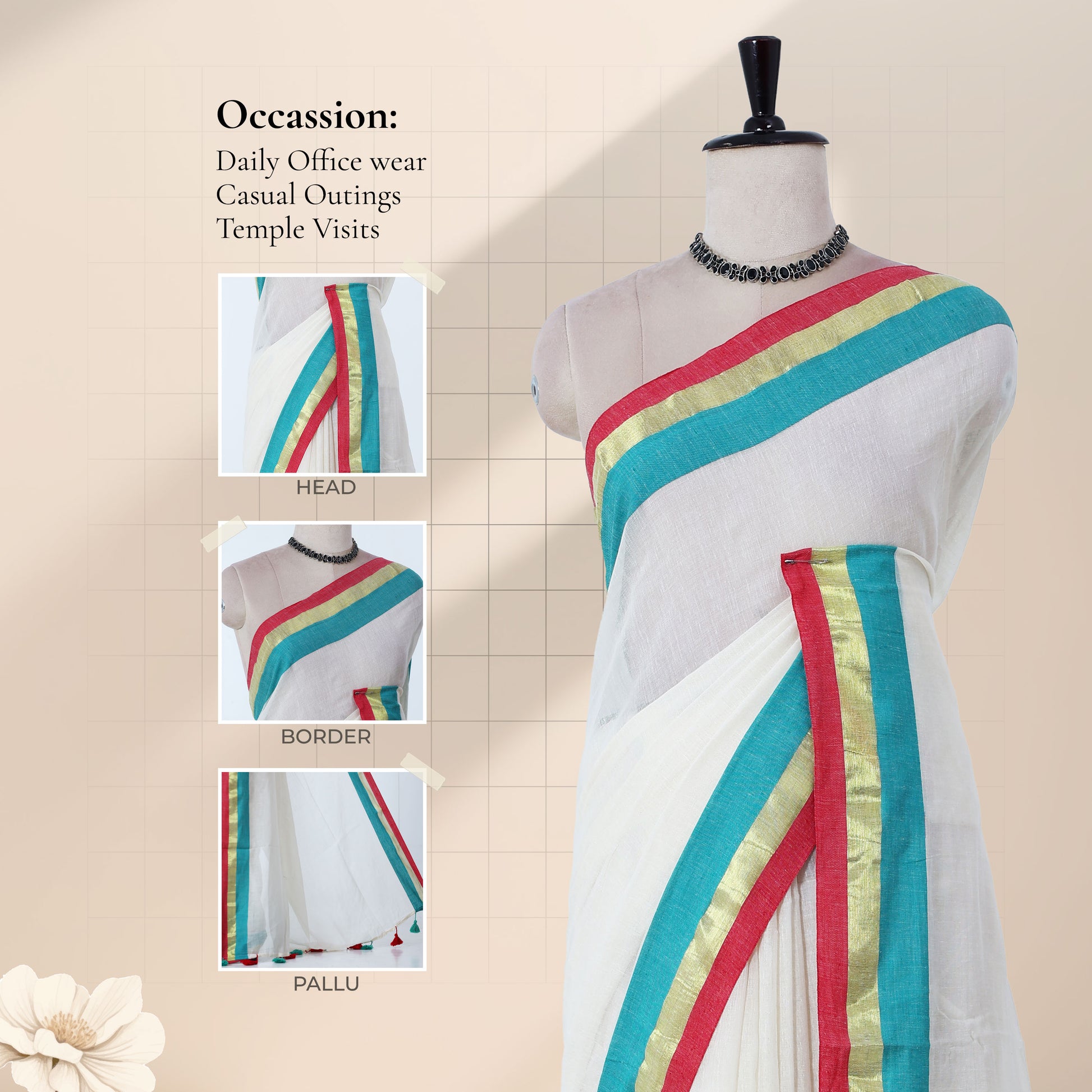 Mul mul cotton saree in cream with teal gold zari and pink contrast border front draped mannequin view with border and pallu details.