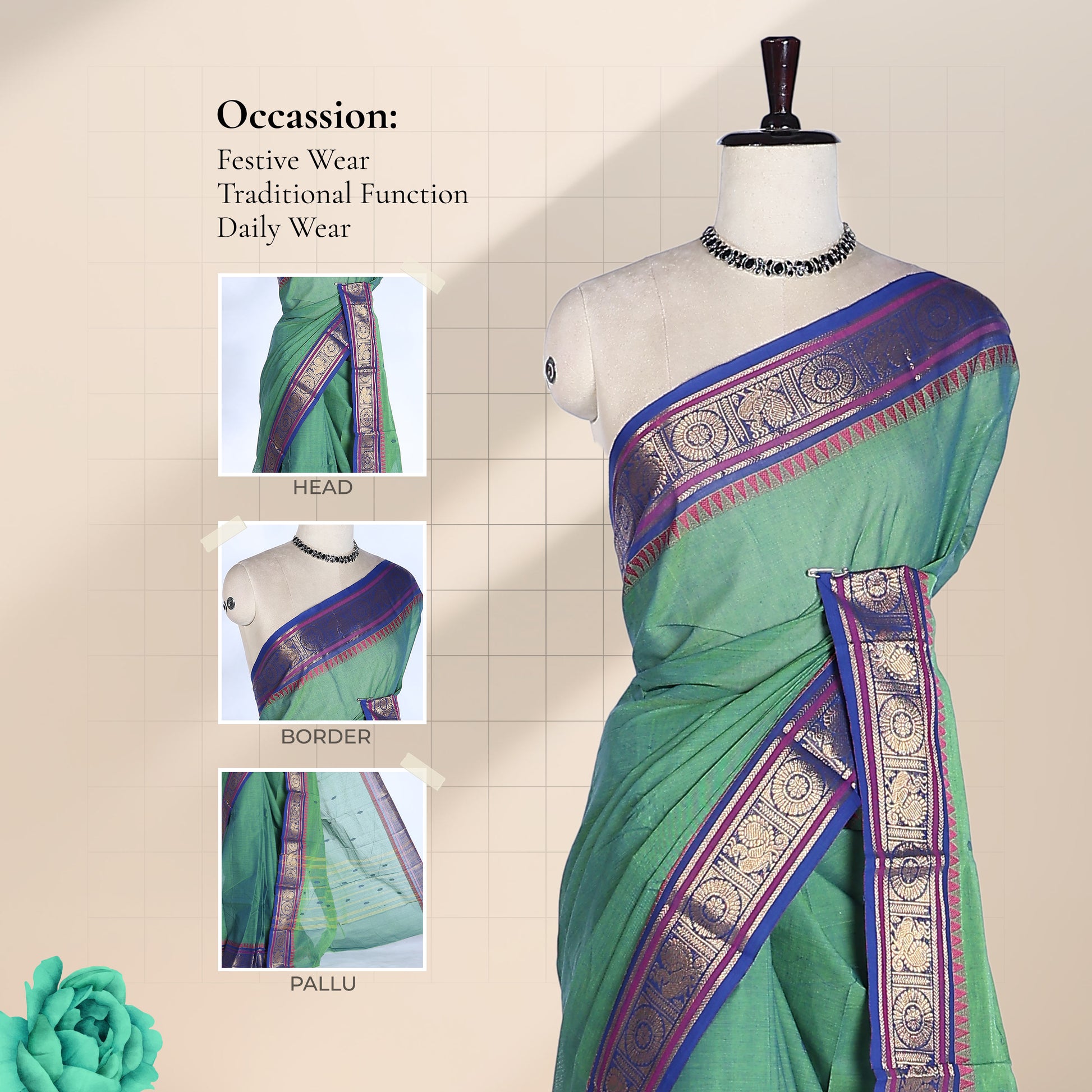 Kanchi Cotton Saree With Elegant Purple And Gold Zari Border In Sea Green Color Front View On Mannequin Display
