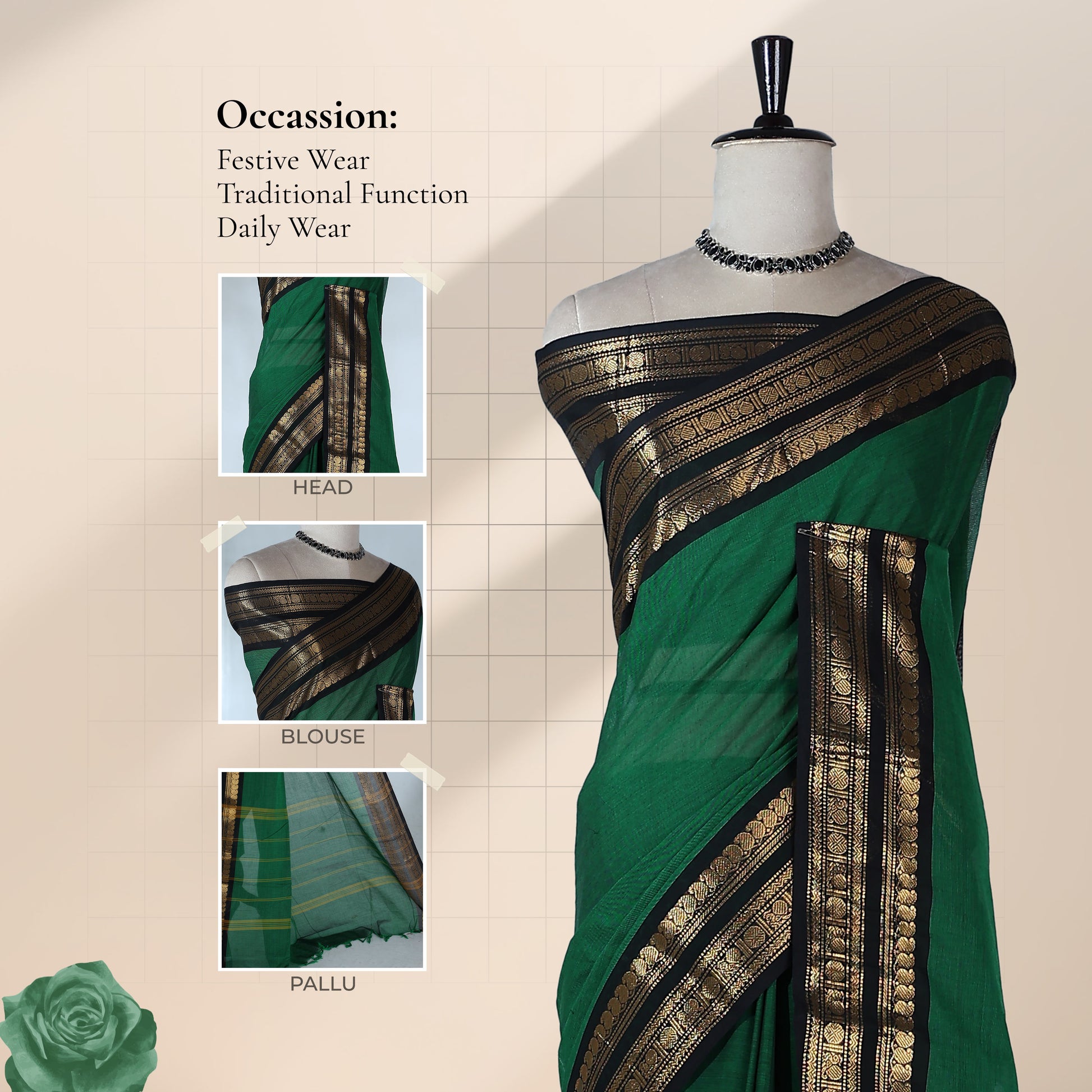 Kanchi Cotton Saree With Black And Gold Zari Border In Dark Green Front View On Mannequin With Flowing Pallu

