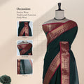 Kanchi Cotton Saree With Gold Zari Border In Dark Green And Magenta Front View Showcasing Pallu And Tassels
