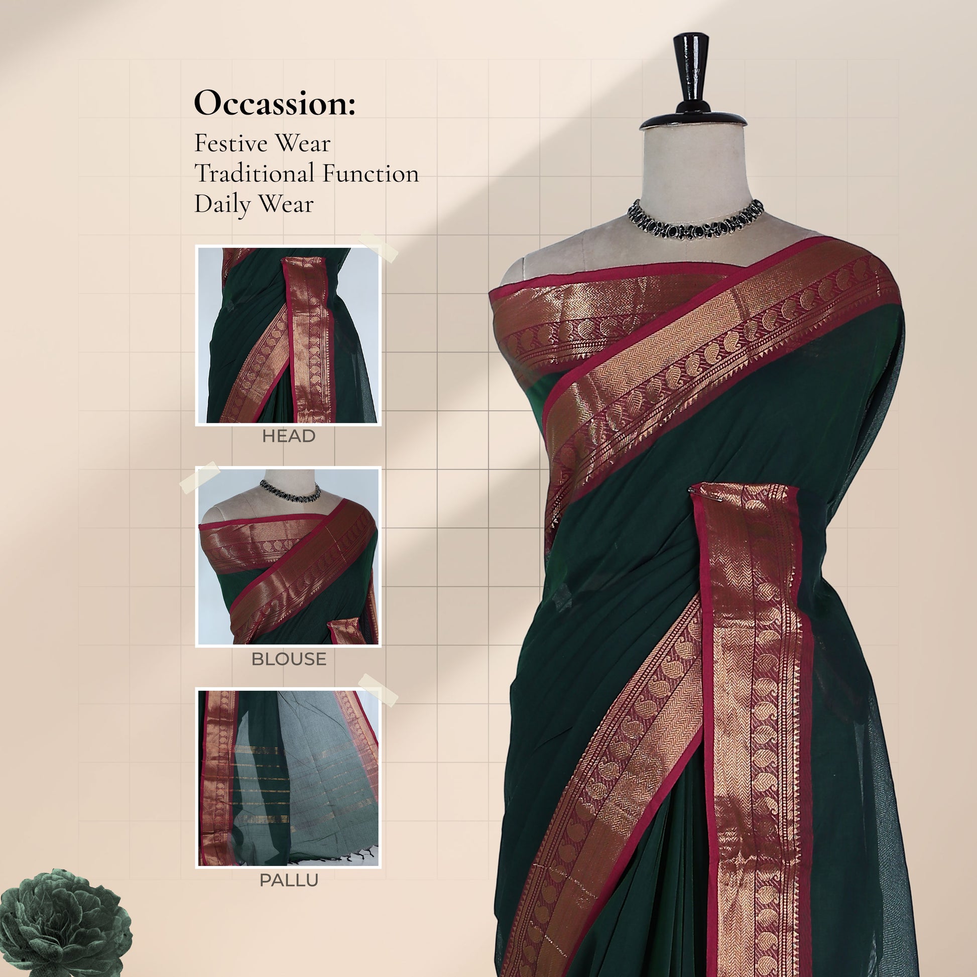 Kanchi Cotton Saree With Gold Zari Border In Dark Green And Magenta Front View Showcasing Pallu And Tassels
