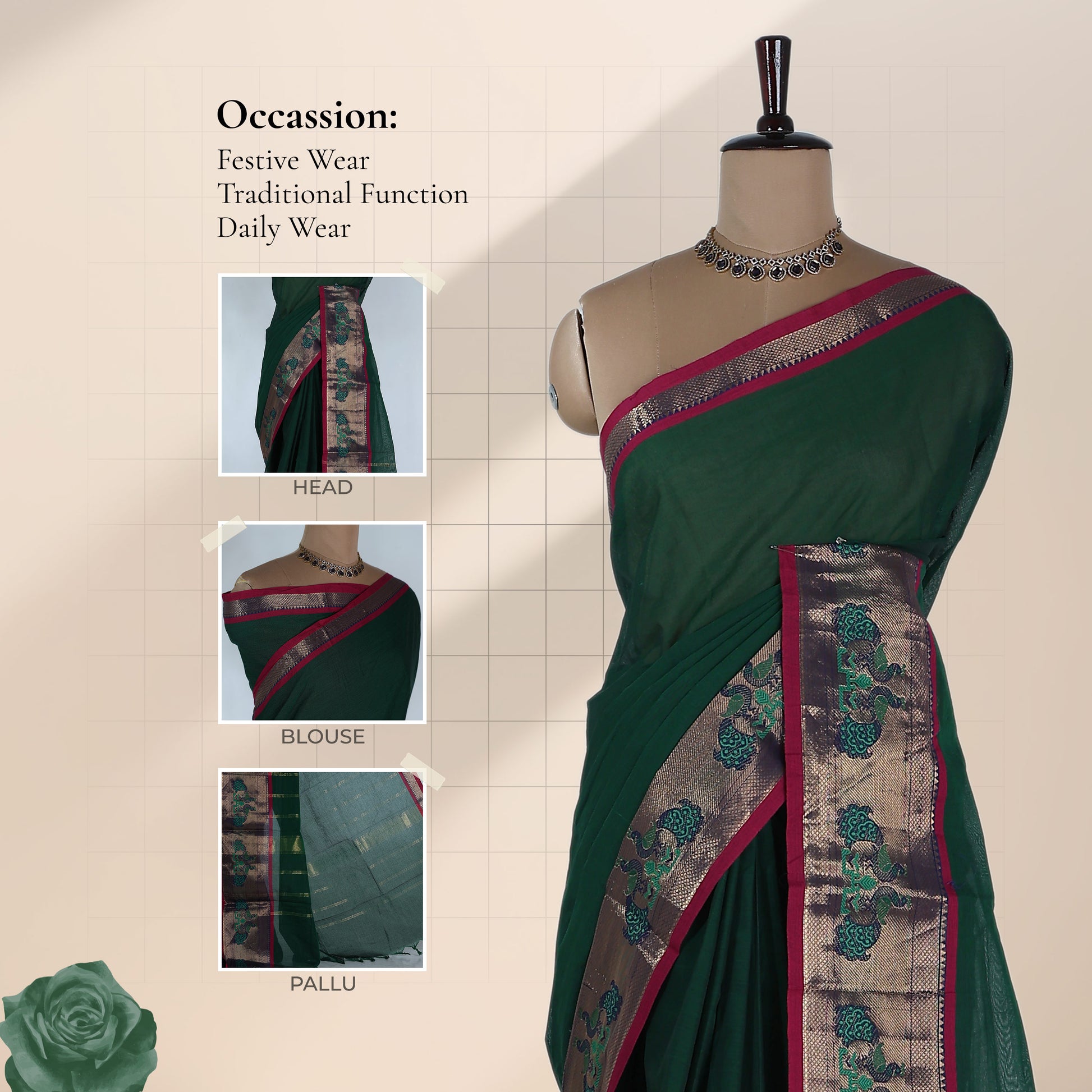 Kanchi Cotton Saree With Green Body Zari Floral Border And Magenta Edging Front View Draped On Mannequin
