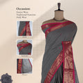 Kanchi Cotton Saree With Zari Border In Grey And Magenta Draped On Mannequin Front View Display
