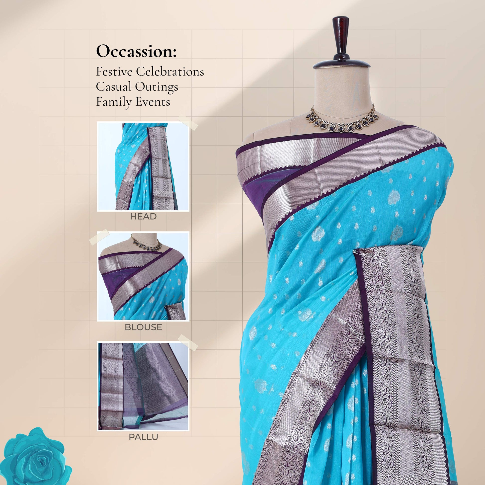 Blue Elampillai silk cotton saree with silver zari floral motifs and broad contrast zari border front drape view