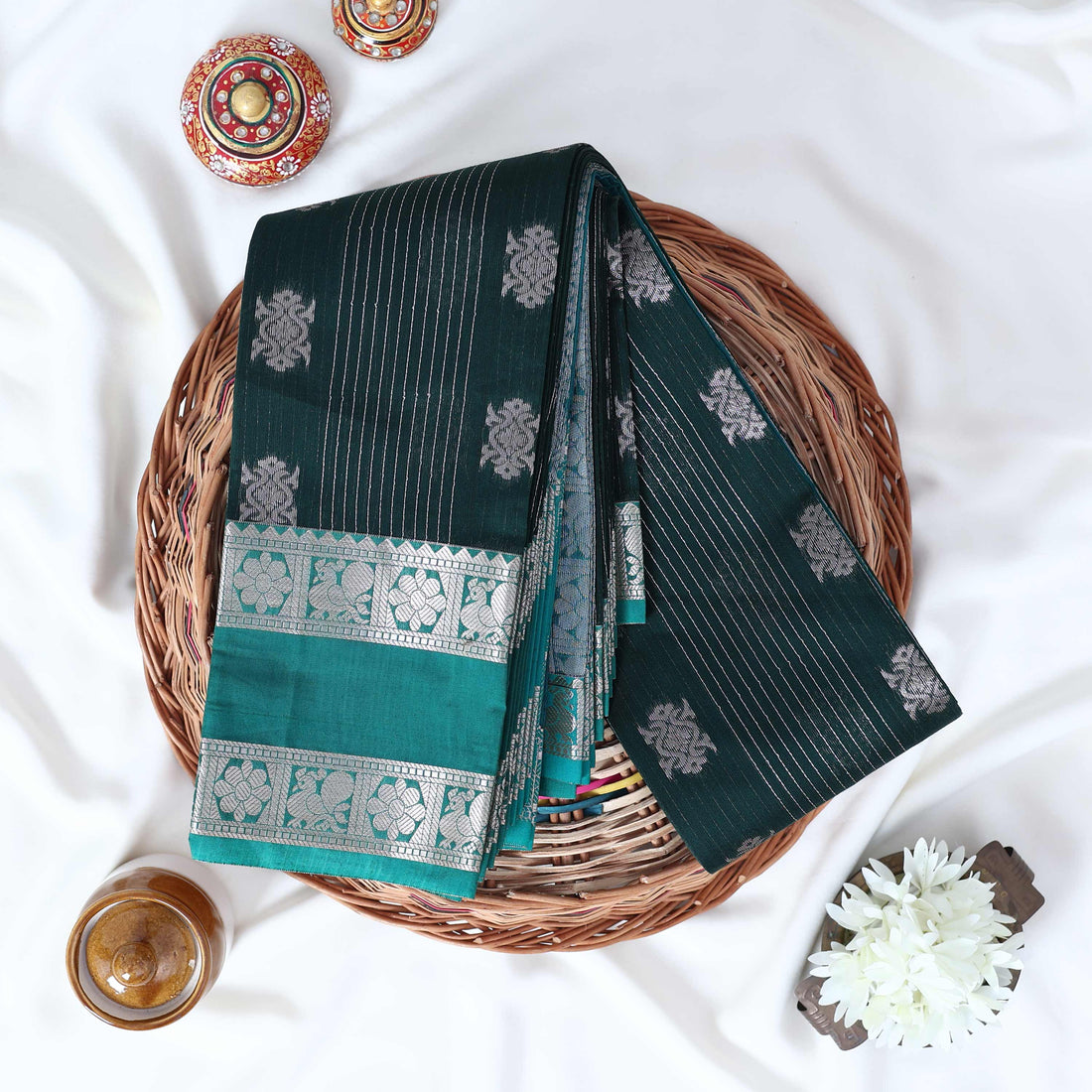 Dark Green Elampillai Silk Cotton Sarees for Women | Festive & Family Events Collection | Jeyachandran - Full View