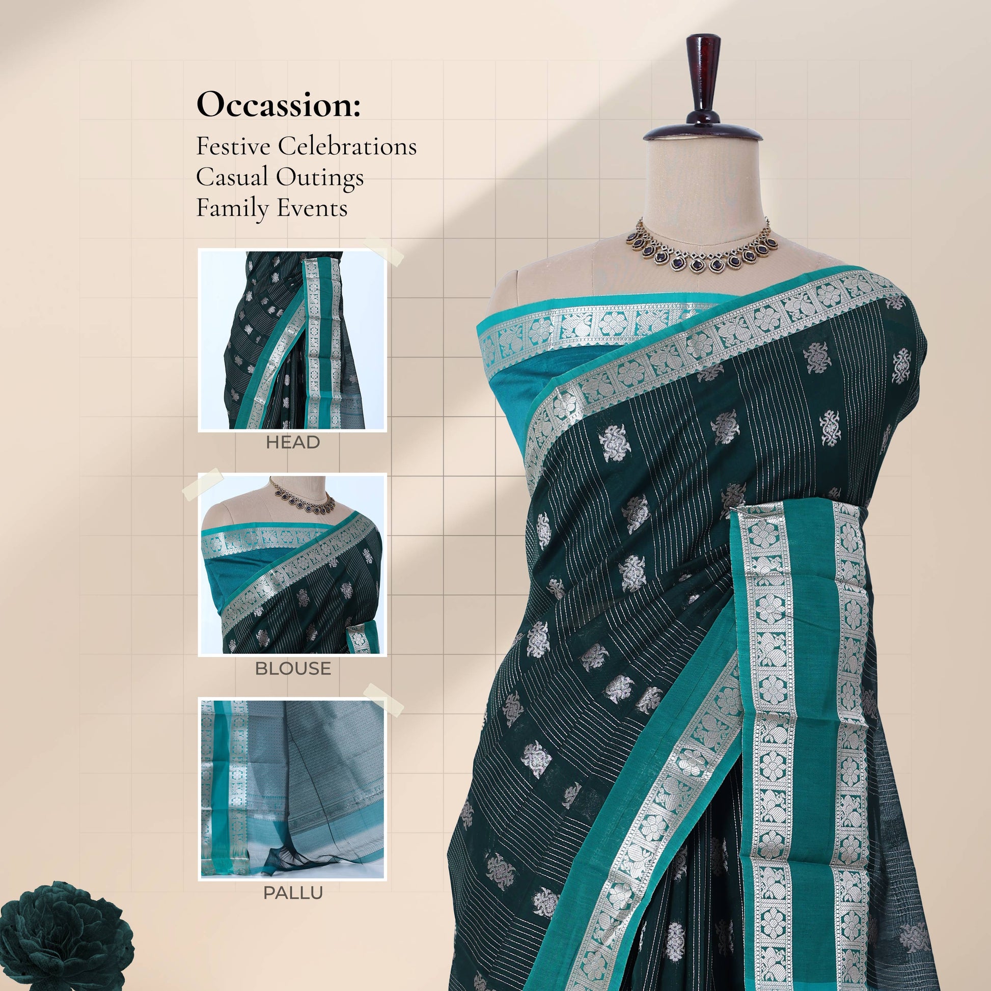 Elampillai silk cotton saree with silver zari border zari buttas and vertical stripes green front draped view on mannequin