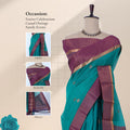 Dark Green Elampillai silk cotton saree with gold zari buttas and contrast purple zari border, front draped view on mannequin.