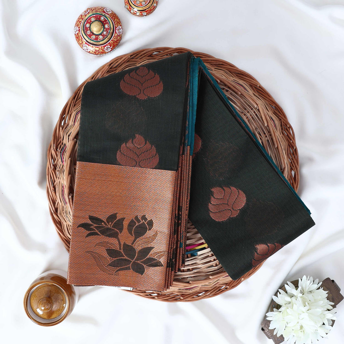Dark Green Elampillai Silk Cotton Sarees for Women | Festive & Family Events Collection | Jeyachandran - Full View