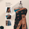 Dark Green Elampillai silk cotton saree floral buttas copper zari border and teal pallu, mannequin front view.