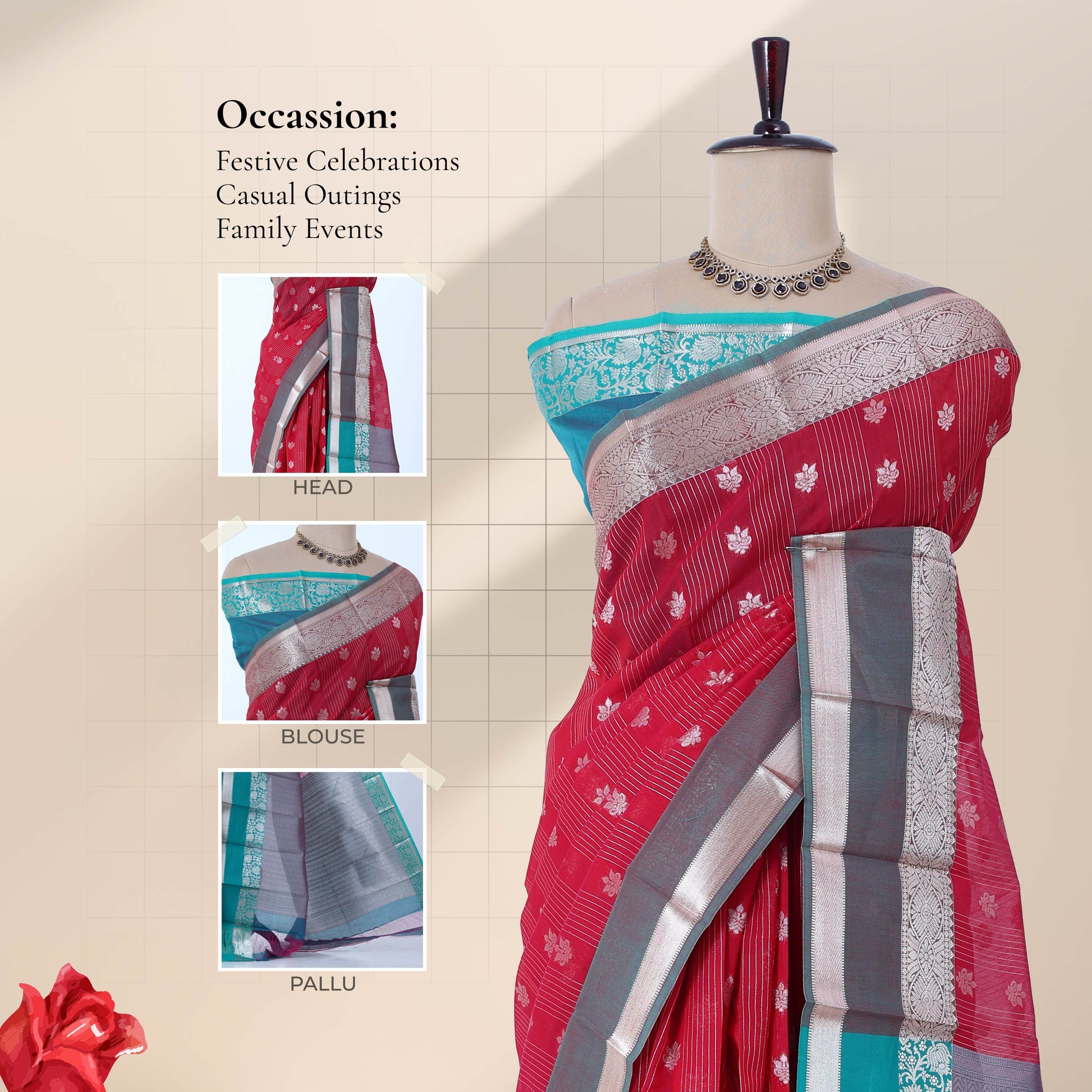 Elampillai silk cotton saree with silver zari border zari buttas and vertical stripes pink front draped view on mannequin