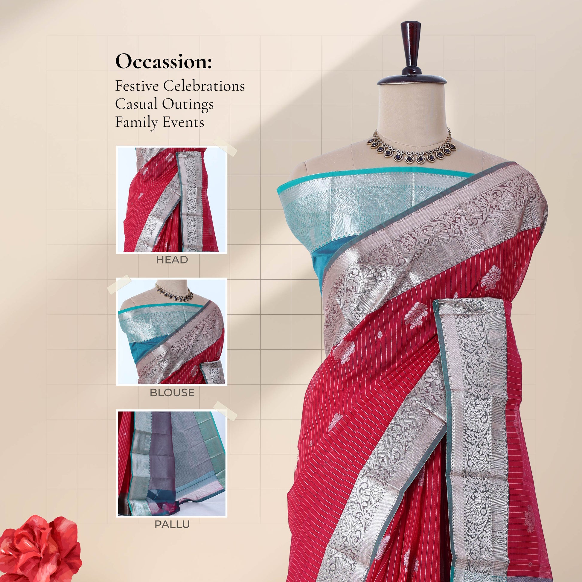 Deep Pink Elampillai silk cotton saree with silver zari floral border zari buttas and vertical stripes front view
