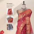 Elampillai silk cotton saree with floral zari buttas, striped body and contrast zari border front drape view on mannequin