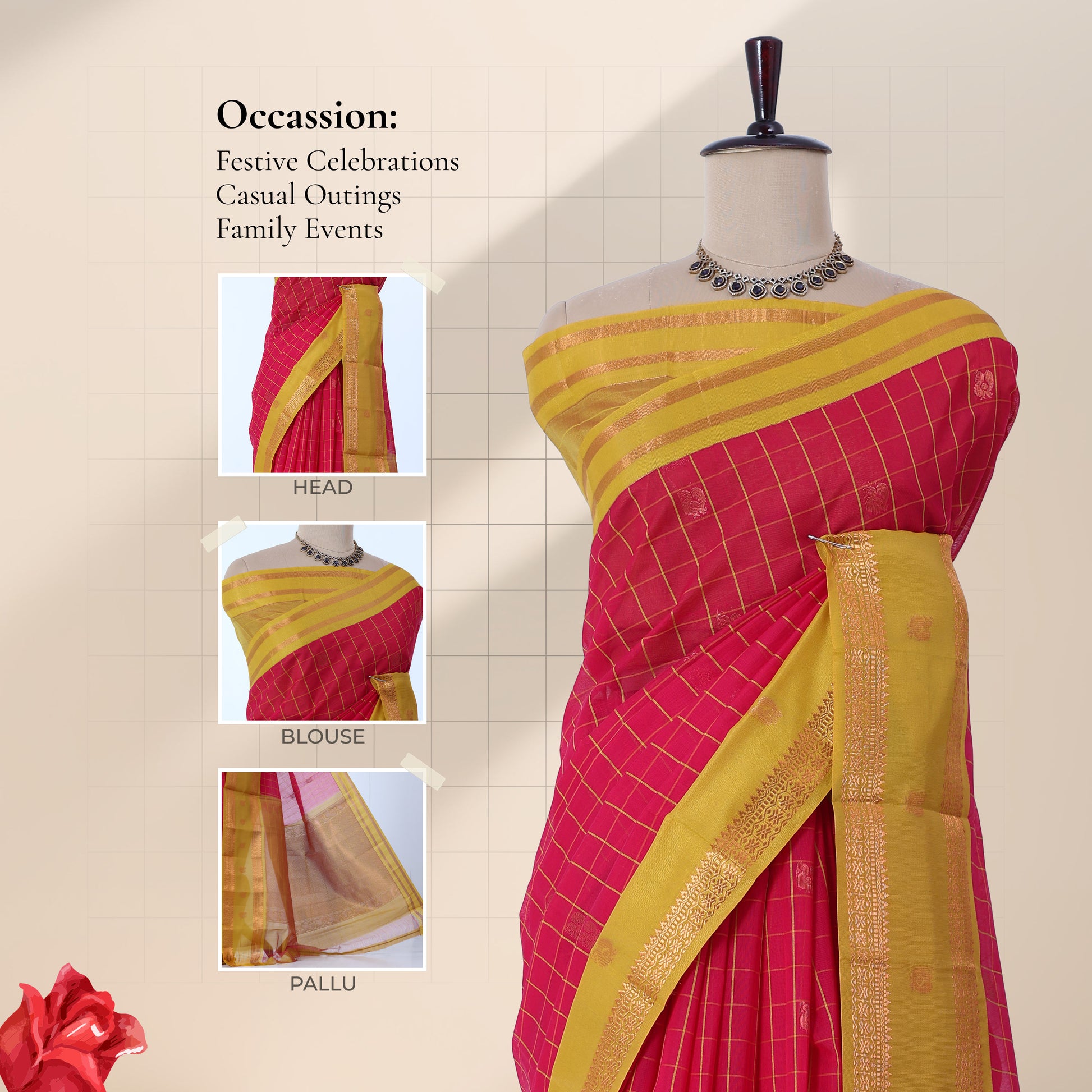 Elampillai silk cotton saree with pink body gold zari border and yellow pallu front draped view on mannequin.