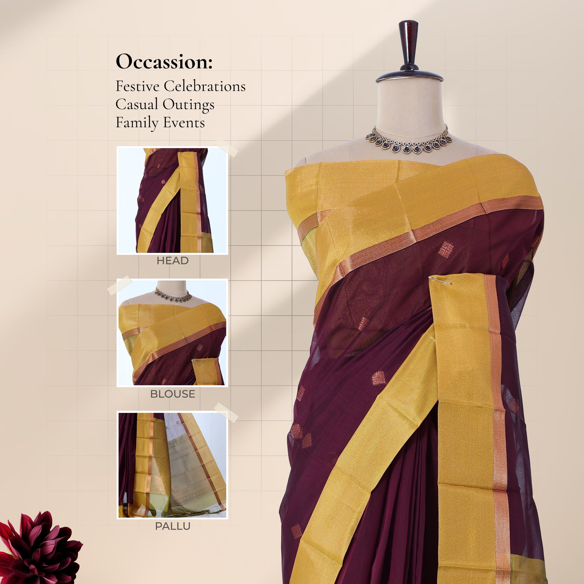 Dark Purple Elampillai silk cotton saree with gold zari buttas and contrast yellow zari border front draped view on mannequin.