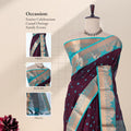 Elampillai silk cotton saree with floral zari border and butta motifs in purple front draped view on mannequin.