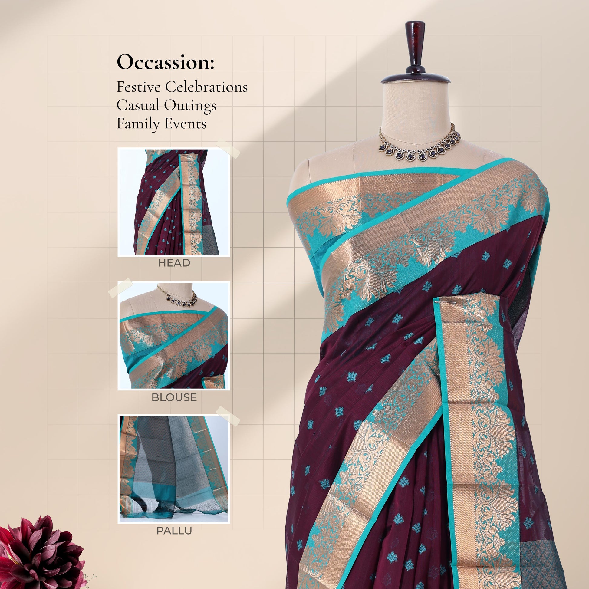 Elampillai silk cotton saree with floral zari border and butta motifs in purple front draped view on mannequin.