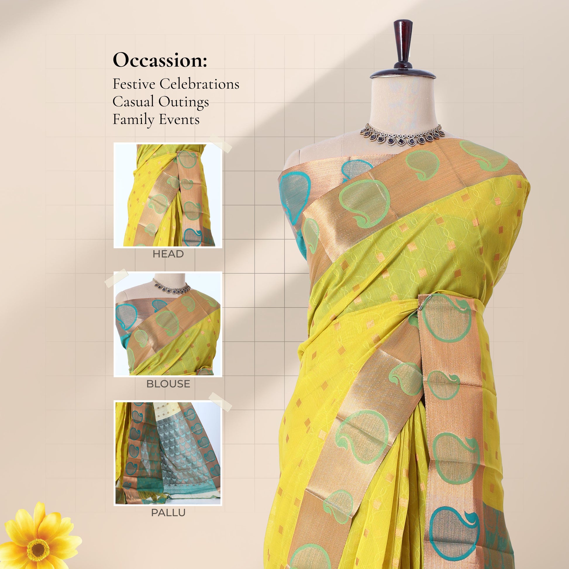 Green Elampillai silk cotton saree with zari square motifs and paisley woven border front draped view on mannequin