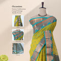Elampillai silk cotton saree with floral zari border and butta motifs in green front draped view on mannequin.