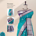 Green Elampillai silk cotton saree with silver zari floral motifs and broad contrast zari border front drape view