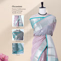 Elampillai silk cotton saree with silver zari border zari buttas and vertical stripes lavender front draped view on mannequin