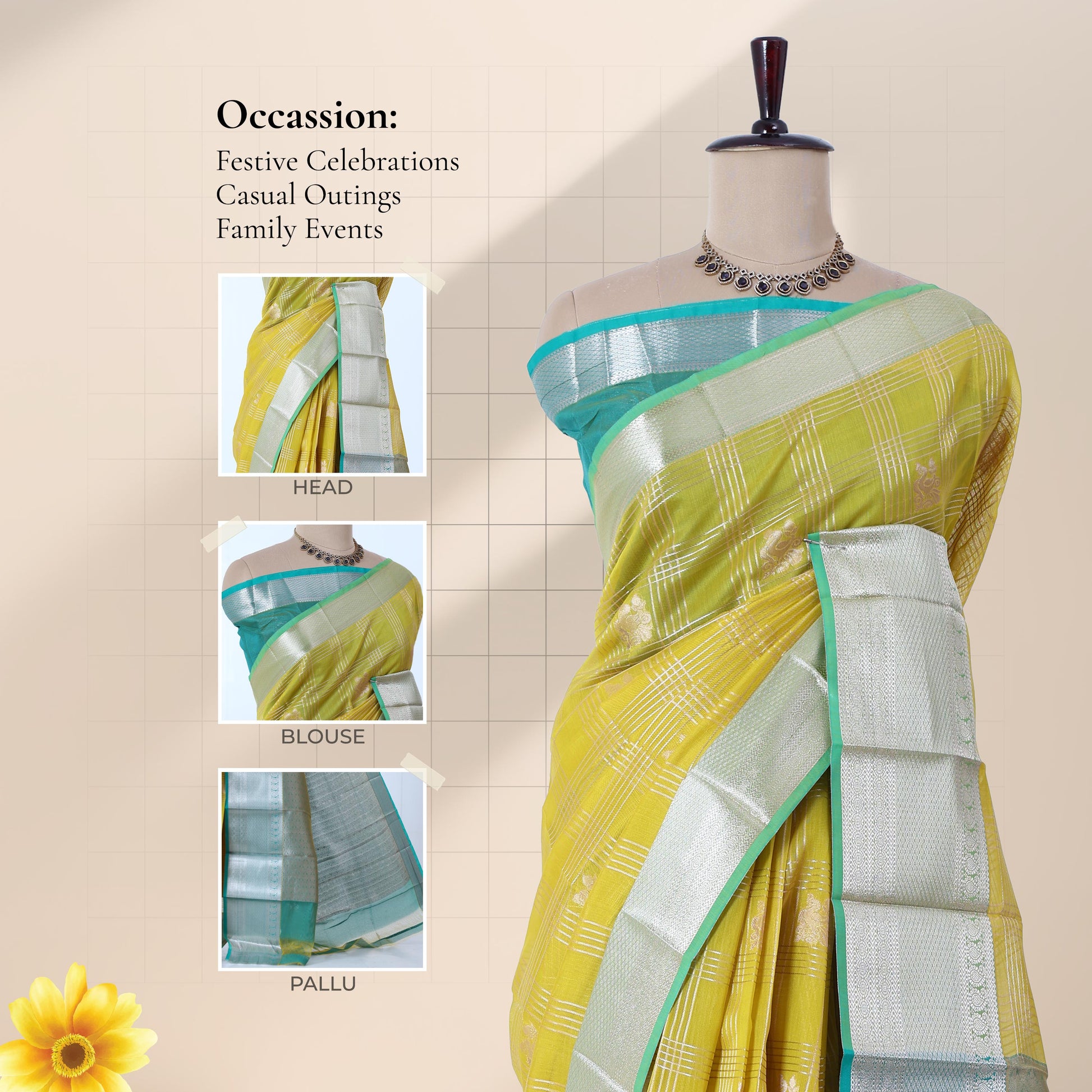 Elampillai silk cotton saree with floral butta checks pattern and silver zari border in green front draped view.
