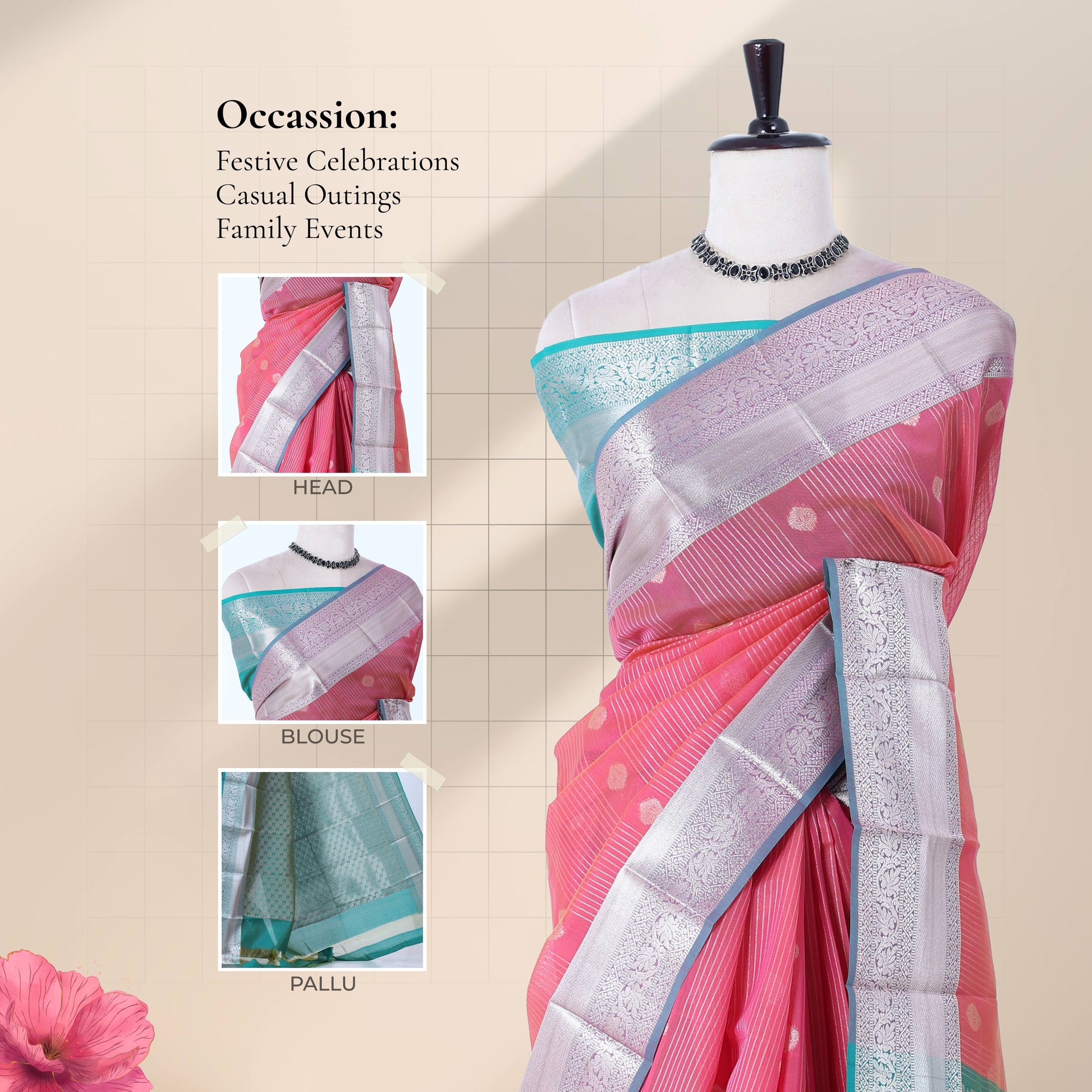 Elampillai silk cotton saree with silver zari border zari buttas and vertical stripes pink front draped view on mannequin