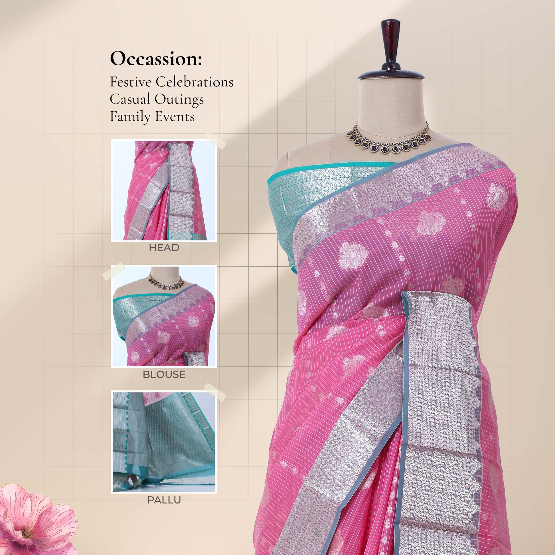 Light Pink Elampillai silk cotton saree with silver zari floral border, zari buttas and vertical stripes front view