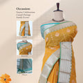Light Yellow Elampillai silk cotton saree with silver zari floral border zari buttas and vertical stripes front view