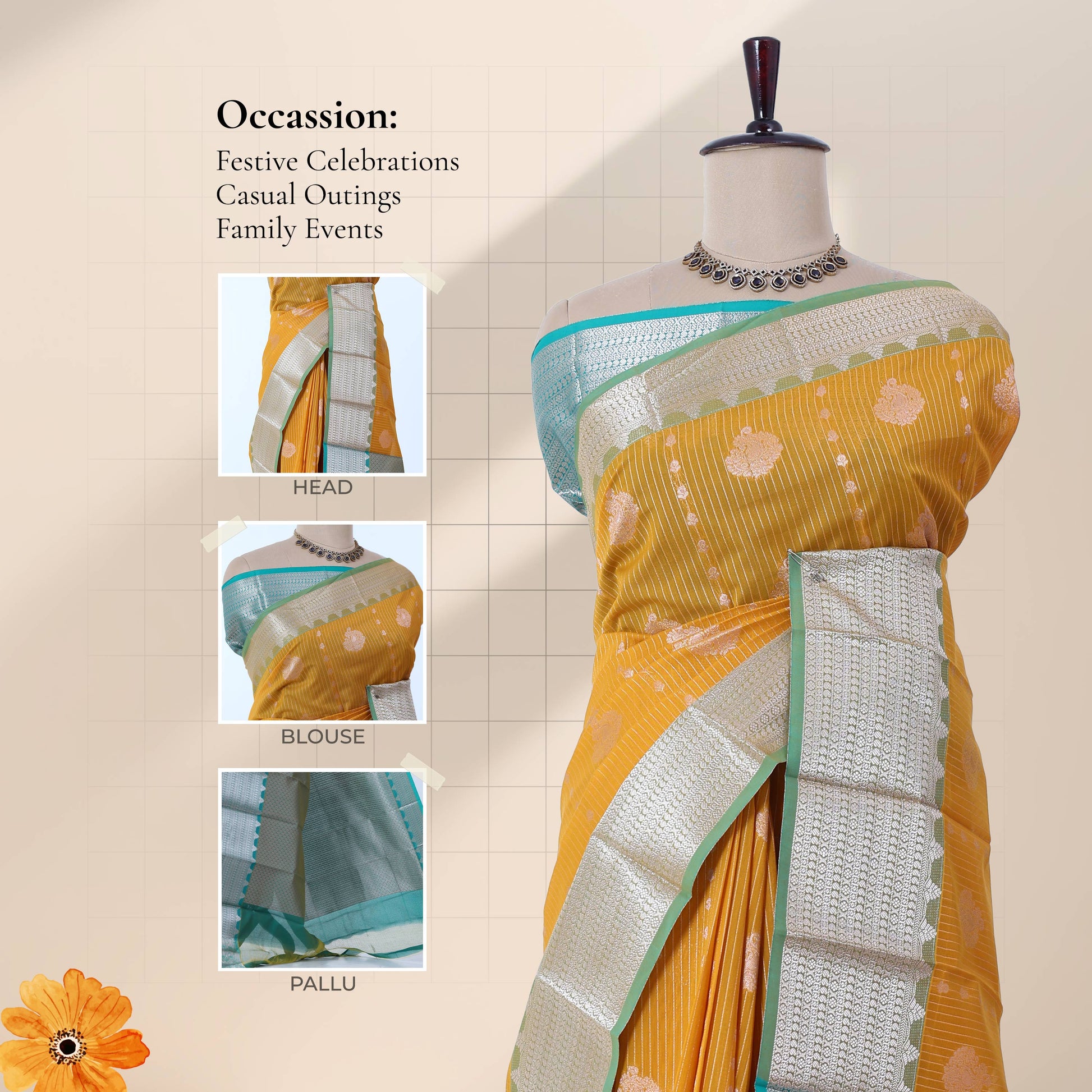 Light Yellow Elampillai silk cotton saree with silver zari floral border zari buttas and vertical stripes front view