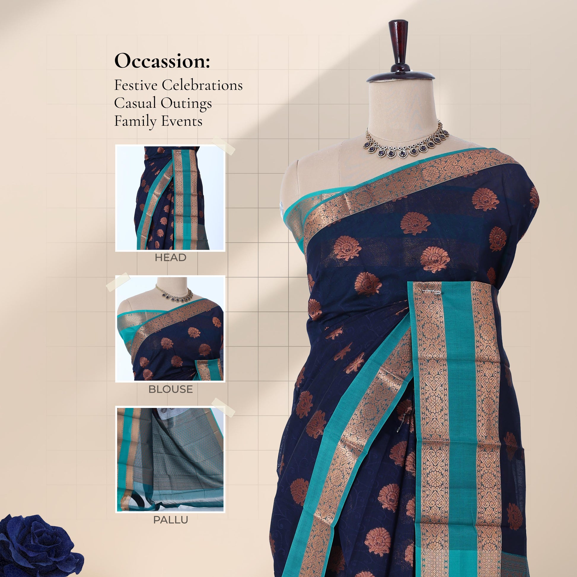 Elampillai silk cotton saree with floral butta motifs navy blue body and teal zari border front draped view.