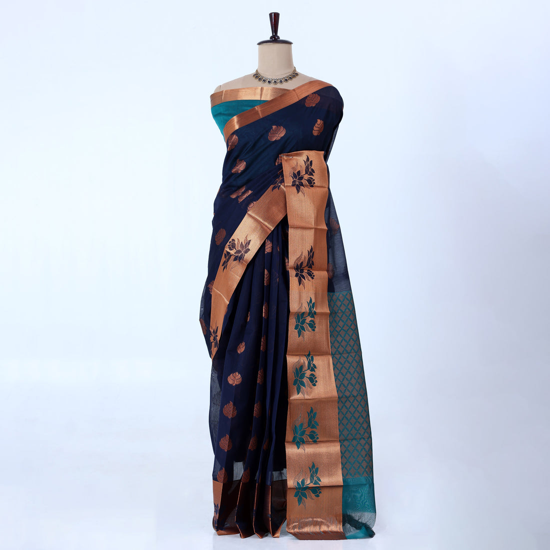 Navy Blue Elampillai Silk Cotton Sarees for Women | Festive & Family Events Collection | Jeyachandran - Full View