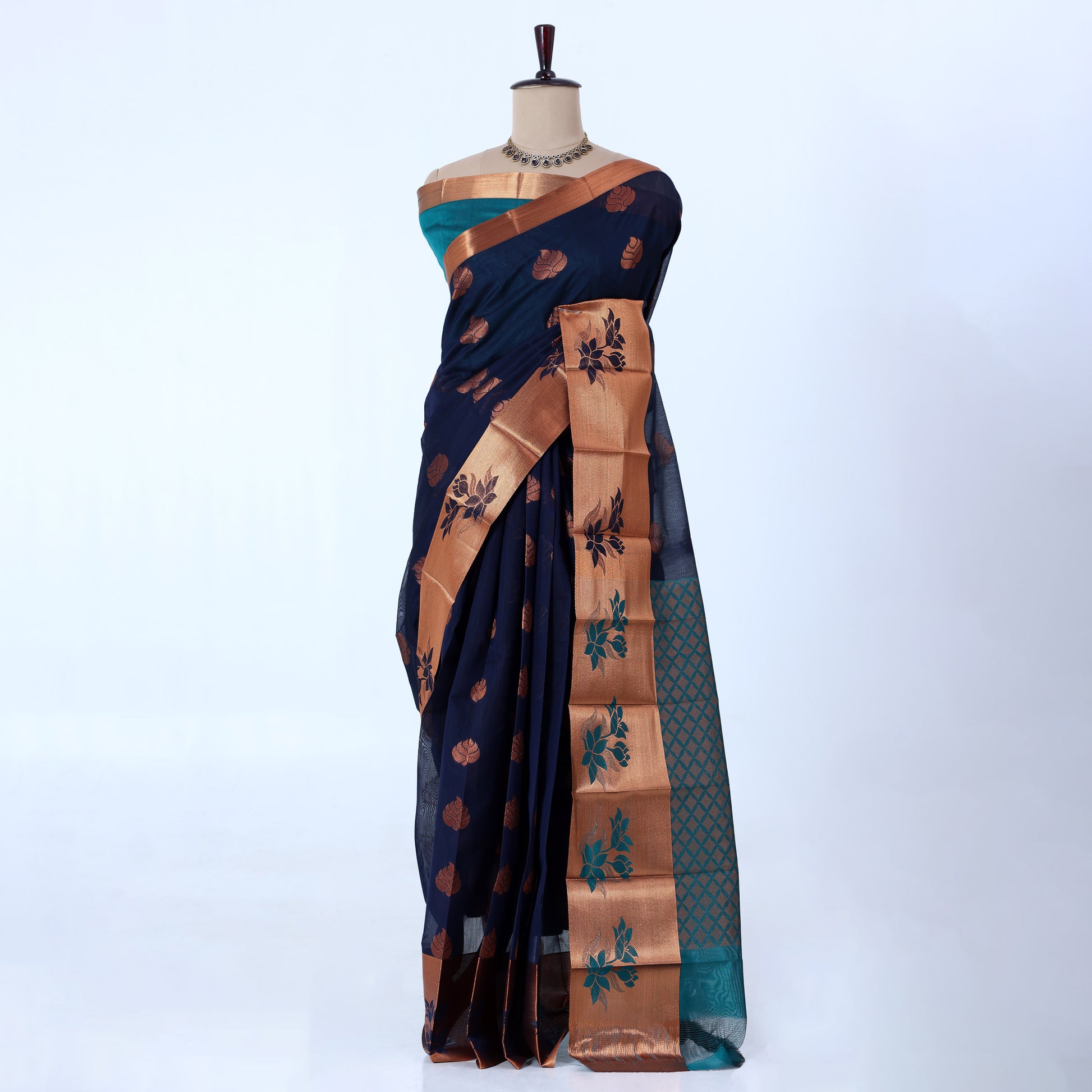 Navy Blue Elampillai Silk Cotton Sarees for Women | Festive & Family Events Collection | Jeyachandran - Full View