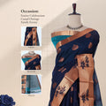 Navy Bue Elampillai silk cotton saree floral buttas copper zari border and teal pallu mannequin front view.