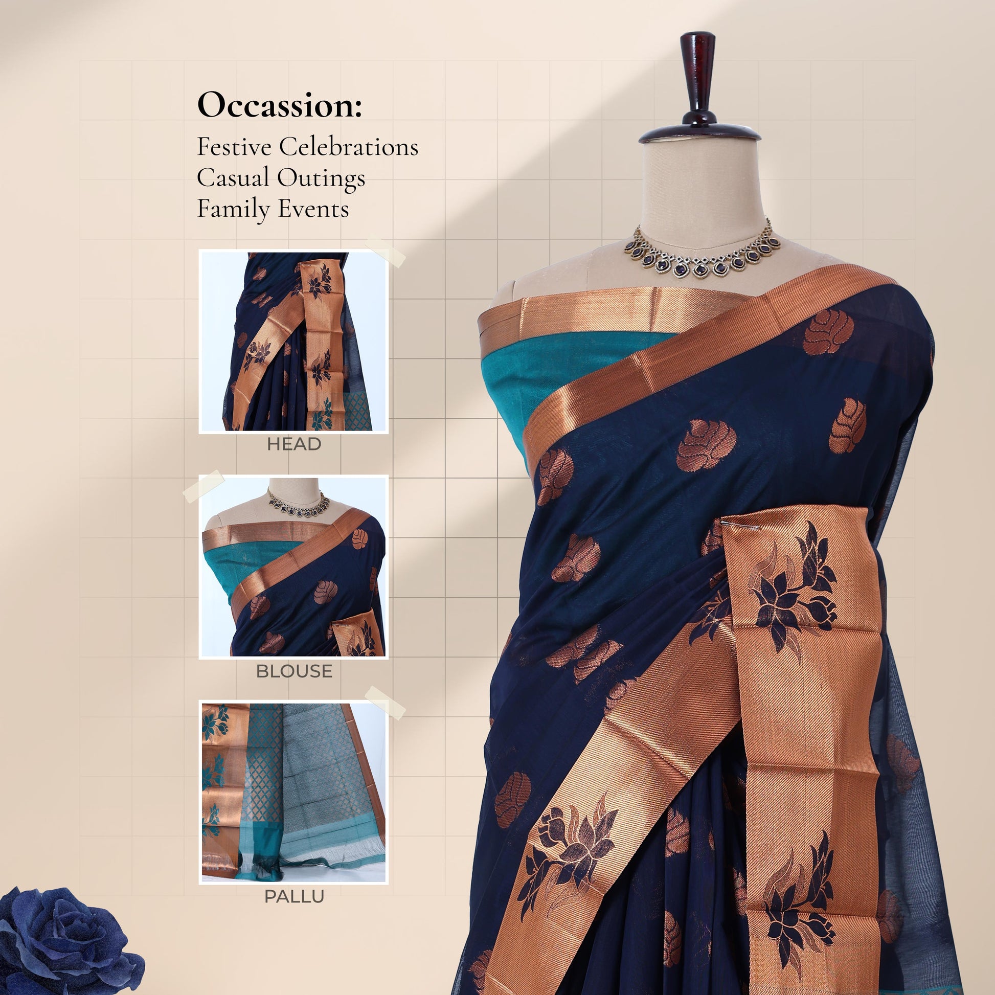 Navy Bue Elampillai silk cotton saree floral buttas copper zari border and teal pallu mannequin front view.